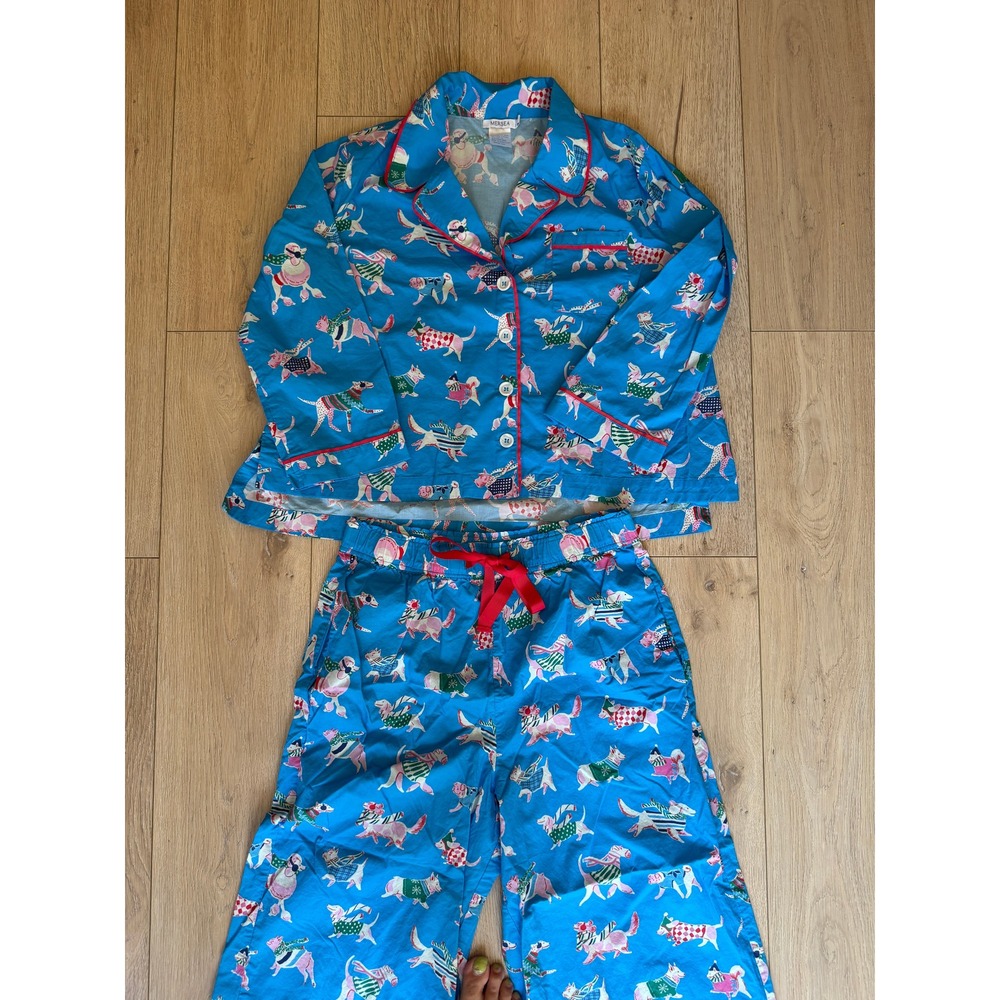 MERSEA Women's M Blue Dog Print Cotton Pajama Set Long Sleeve Button Top & Pants - Picture 3 of 10